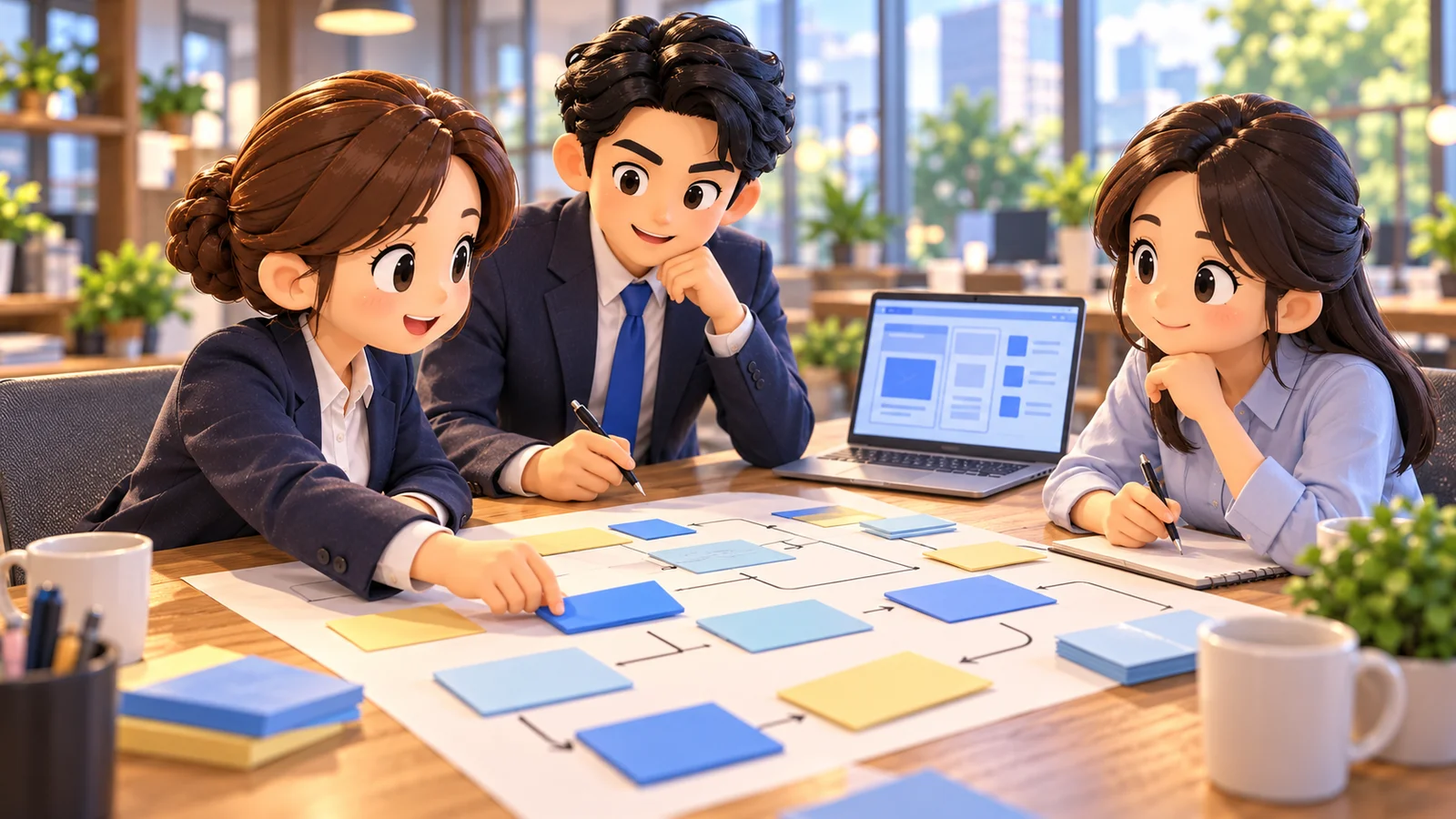 3人の担当者がテーブルで業務フローとSaaSの設計を整理するイメージイラスト